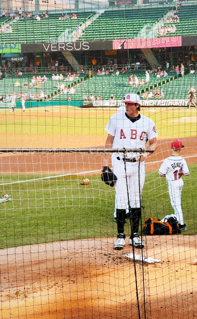 Pitcher Hunter Barco warming up pre-game in an "ABCs" uniform.